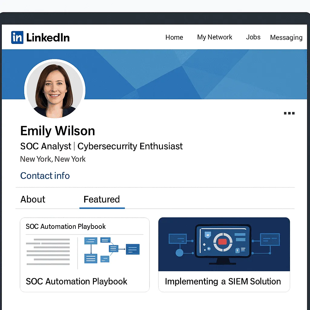 Screenshot-style mockup of a LinkedIn profile with strong headline and featured projects