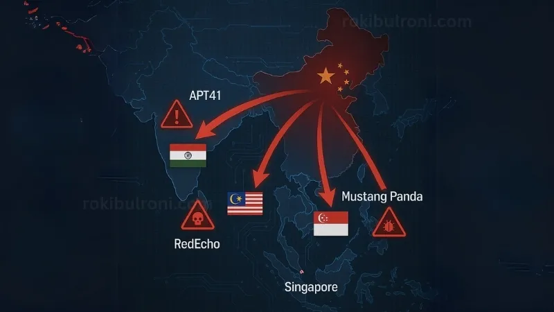 Map of Southeast Asia showing cyberattacks from China-linked APTs targeting countries like Malaysia and Singapore