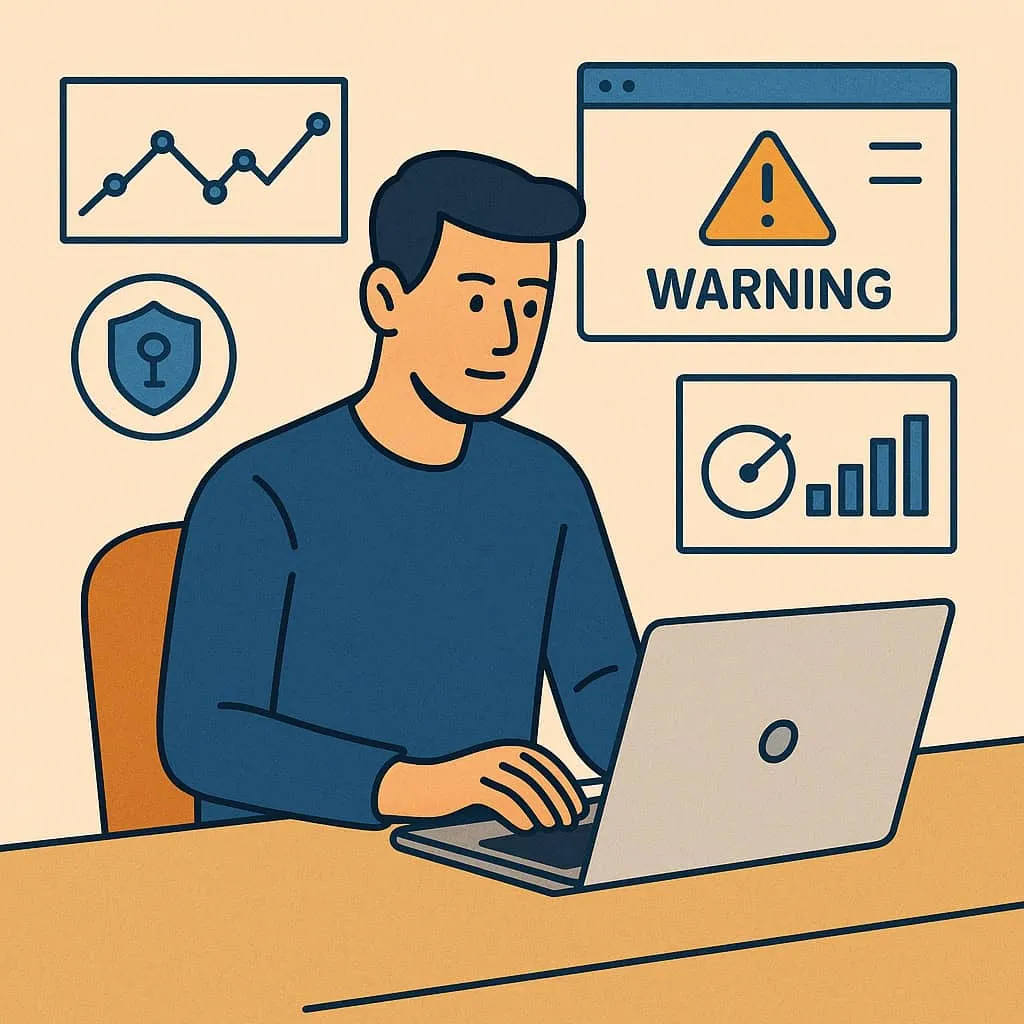 Illustration of a remote SOC analyst working on a laptop with cybersecurity graphs and warning icons