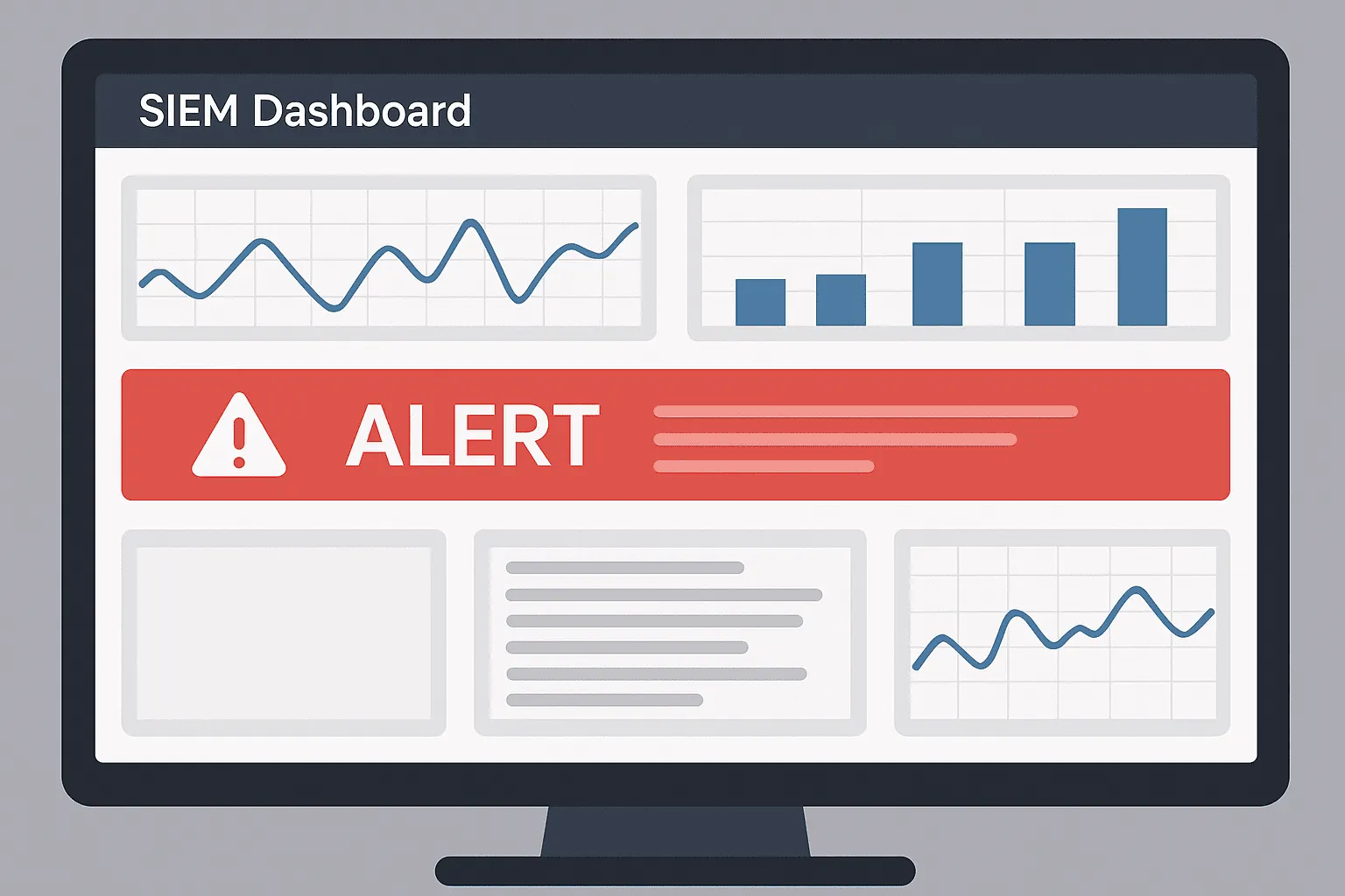 Illustration of a SIEM dashboard with a highlighted alert banner and multiple data charts