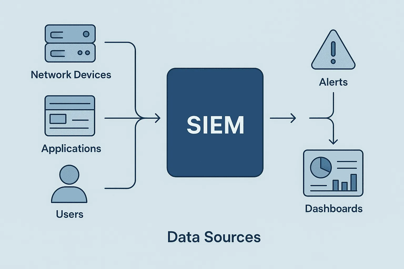 Diagram of SIEM data flow from multiple sources to alerts and dashboards