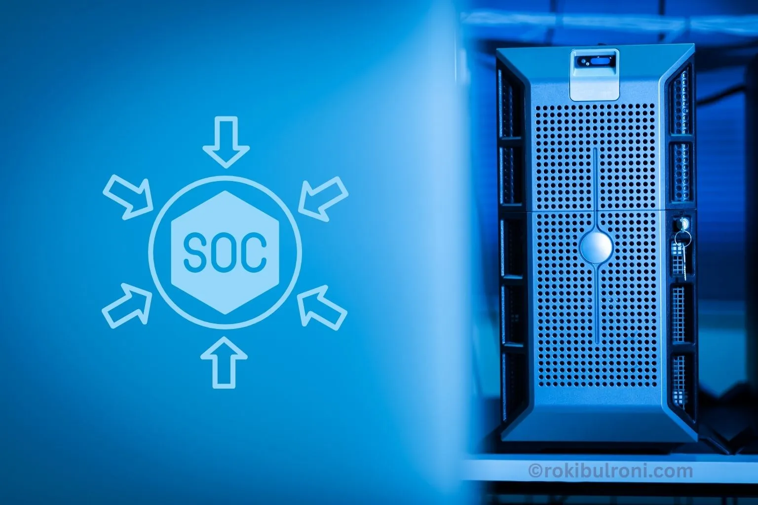 Illustration of a modern SOC—analyst desks, video wall, and layered architecture diagram