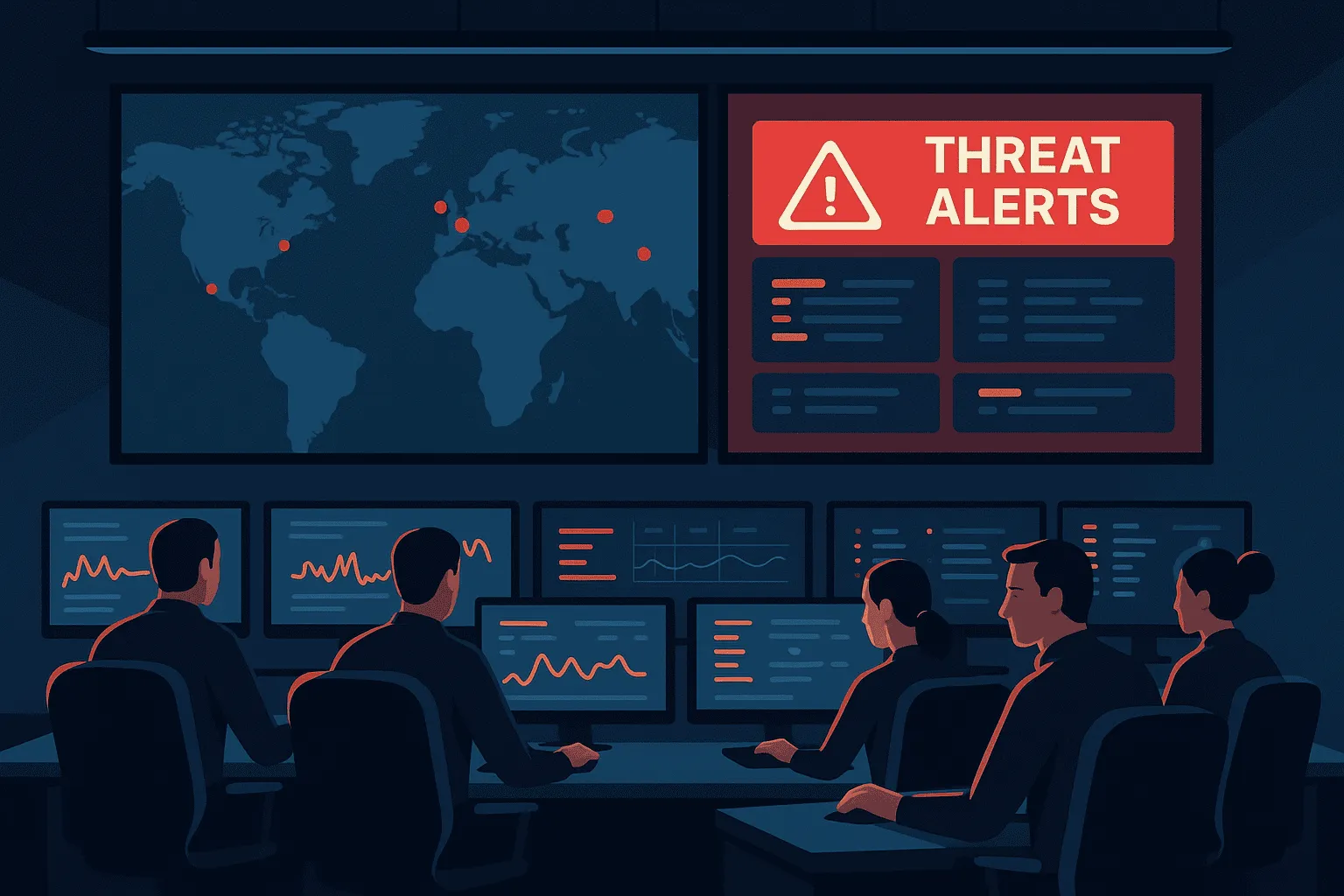 Illustration of a SOC command center with analysts monitoring screens and a large Threat Alerts display